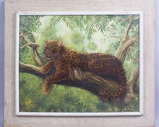1940-50s Oil Painting Leopard in the Jungle