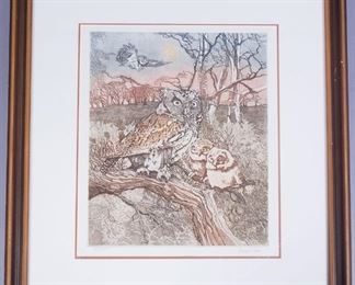 Signed Polly Chase Aquatint Etching of Owls Print