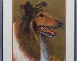 Signed Sally Evans Collie Sheltie Dog Pastel Painting