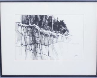 Loughlin Pen & Ink Drawing Trees on Cliff