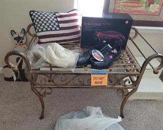 Wright Iron Parlor Bench Seat , Flag Pillow, Shoes, Funk Box