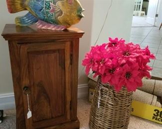 Wooden Hutch and Basket of Flowers 