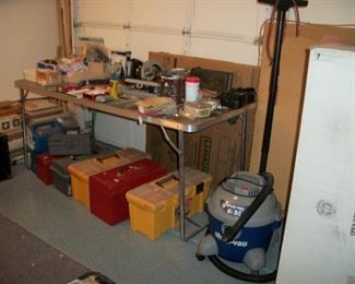 shop vac, tool boxes, tools, and guy stuff, wood