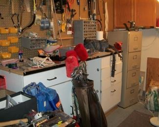 file cabinet, tool cabinets, golf clubs, tools