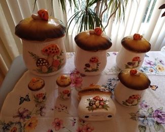 SOLD - Vintage Happy Mushrooms Cannisters (4) with Lids, 2 salt and pepper, plus the Napkin Holder, Lovely unused condition,