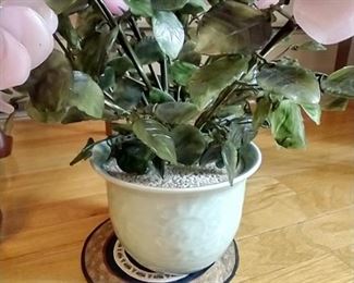 Asian faux flowers and Celedon Pottery Flower Pot,