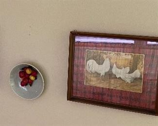 Framed Rooster & Hens Picture, Glass Bowls with Cherry Inlays