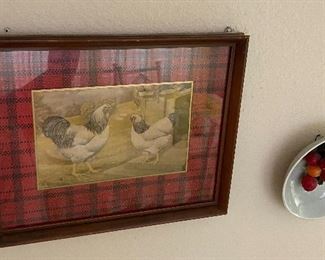 Framed Rooster & Hens Picture, Glass Bowls with Cherry Inlays