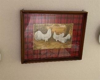 Framed Rooster & Hens Picture, Glass Bowls with Cherry Inlays