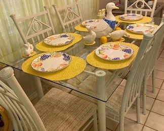 Vintage Mid-Century Wrought Iron Patio/Dining Set, Set of Dishes Fruit Pattern, Placemats, Goose Cookie Jar, Geese Set