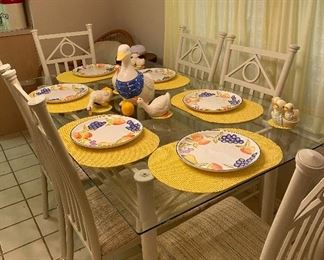 Vintage Mid-Century Wrought Iron Patio/Dining Set, Set of Dishes Fruit Pattern, Placemats, Goose Cookie Jar, Geese Set