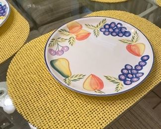 Vintage Mid-Century Wrought Iron Patio/Dining Set, Set of Dishes Fruit Pattern, Placemats, Goose Cookie Jar, Geese Set