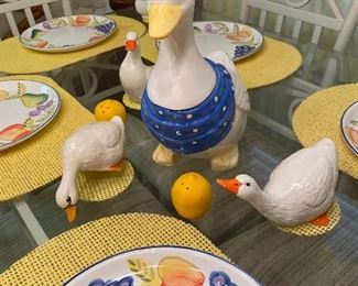 Vintage Mid-Century Wrought Iron Patio/Dining Set, Set of Dishes Fruit Pattern, Placemats, Goose Cookie Jar, Geese Set