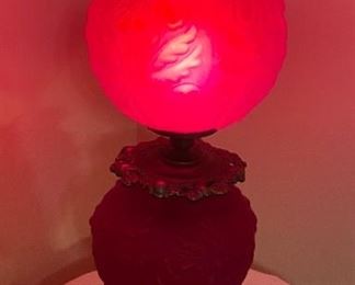 Antique Gone With the Wind Hurricane Red Satin Lamp Fenton