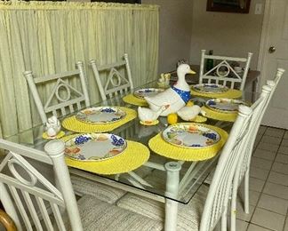 Vintage Mid-Century Wrought Iron Patio/Dining Set, Set of Dishes Fruit Pattern, Placemats, Goose Cookie Jar, Geese Set
