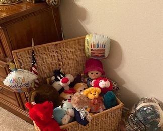 Assorted Stuffed Animals and Christmas Decor', Woven Basket, Bag of Assorted Fabric Scraps