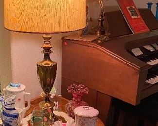 Two-Tier Round Oak Lamp Table, Brass Lamp, Assorted Household Decor', Electric Organ, Sirroco Wall Clock 