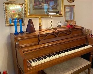 Fischer Console Piano with Bench, Cobalt Blue Candlesticks, Metronome, Desk/Piano/Organ Light, Clock, Vintage Wide Brim Hat, Vintage Daisy Hat, Framed Art Work, Framed Mirrors