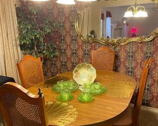 Dining Room Set, Green Depression Glass, Hand Painted Porcelain Bowl, Hollywood Regency Style Wall Mirror, Life Size Ficus Plant in Pot