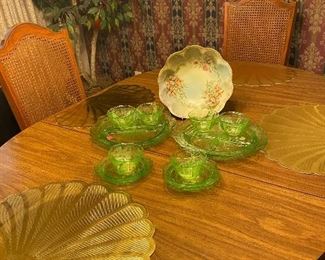 Dining Room Set, Green Depression Glass, Hand Painted Porcelain Bowl, Hollywood Regency Style Wall Mirror, Life Size Ficus Plant in Pot, Shell Gold Color Placemats