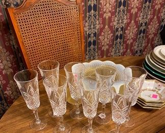 Dining Room Set, Crystal Stemware, Hobnail Dish, Assorted Hand Painted Decorative Porcelain Plates & Finger Bowls