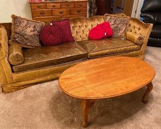 Mid-Century Gold Velvet Tufted Sofa 60's/70's Still Covered Great Condition, Throw Pillows, Oval Oak Coffee Table
