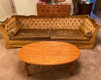 Mid-Century Gold Velvet Tufted Sofa 60's/70's Still Covered Great Condition, Throw Pillows, Oval Oak Coffee Table