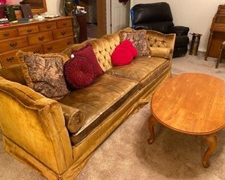 Mid-Century Gold Velvet Tufted Sofa 60's/70's Still Covered Great Condition, Throw Pillows, Oval Oak Coffee Table, Pleather Recliner, Umbrella Stand