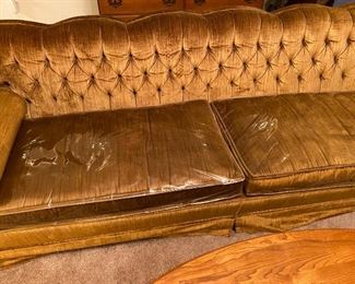 Mid-Century Gold Velvet Tufted Sofa 60's/70's Still Covered Great Condition, Oval Oak Coffee Table