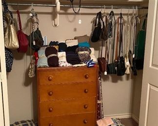 Chest of Drawers, Assorted Linen, Ladies Belts & Purses, Assorted Boxes of Fabric Remnants