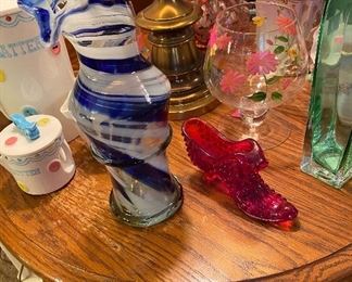 Two-Tiered Round Oak Lamp Table, Blue/White Ribbon Vase, Hobnail Ruby Red Fenton Shoe, Assorted Household Decor'