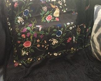Antique silk embroidered piano shawl 