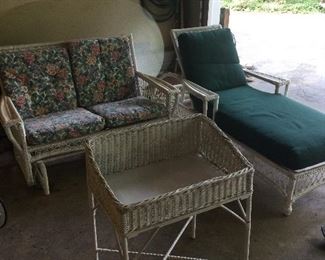 Outdoor wicker chaise, glider and vintage wicker bar