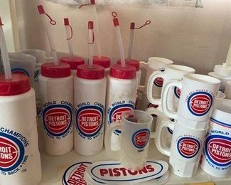 LOTS of vintage sports memorabilia--Tigers, Lions, Red Wings, Pistons, and more! Some signed items. Sports cards, souvenir cups, advertising items, old scorecards and programs, decals, bumper stickers, T-shirts, hats, buttons, pins, posters, keychains, patches, and much more.