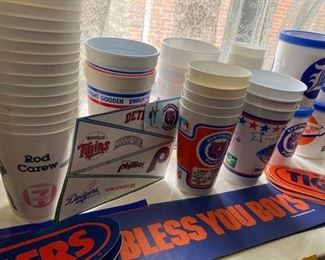 LOTS of vintage sports memorabilia--Tigers, Lions, Red Wings, Pistons, and more! Some signed items. Sports cards, souvenir cups, advertising items, old scorecards and programs, decals, bumper stickers, T-shirts, hats, buttons, pins, posters, keychains, patches, and much more.