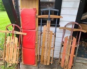 Old taboggan and sleds - made by Gladding, Yankee Clipper, and more