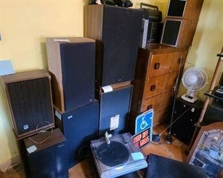 Tons of speakers and electronics (turntables, tape decks, amplifiers, 8-track players, boom boxes, and more) from the 1970s-1990s, including big names like Yamaha, Sony, Panasonic, and more