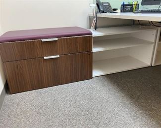walnut wood/white-Storage bench-2 open shelves & 2 drawers attached cushion on bench-72X19 H21. sold with open desk set 
