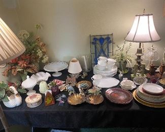 Milk glass, lamps, stained glass, bird figurines, floral arrangements...