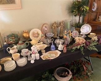 Teapots, angel figurines, tea cup sets...
