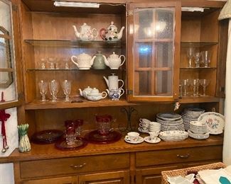 Tea pot collection, stemware, ruby red snack plates, glasses, platter, pitcher, nice floral stoneware set
