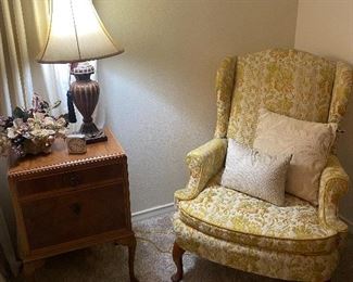 Nice side table & yellow wing back chair