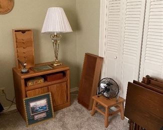 End tables, lamp, stool, fan, TV tray set
