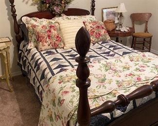 Four poster mahogany bed, quilt, floral spread, wreath, antique chair 