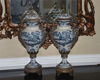 31. Pair Decorative Porcelain Urns with Metal Mounts