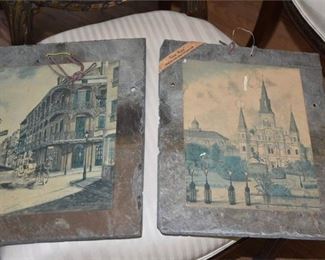 67. Two Antoque Slate Roof Tiles with New Orleans Prints