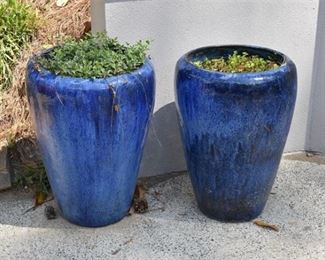 130. Pair Large Planters with Blue Glaze