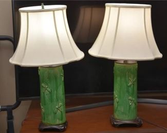 228. Pair Cylindrical Green Porcelain Lamps with Dragonfly Motifs