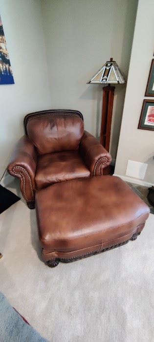 Quality Leather Chair & Ottoman & Floor Lamp