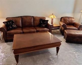 Quality Living Room Set with Nice Leather Couch, Chair, Ottoman, End Tables and Ethan Allen Coffee Table